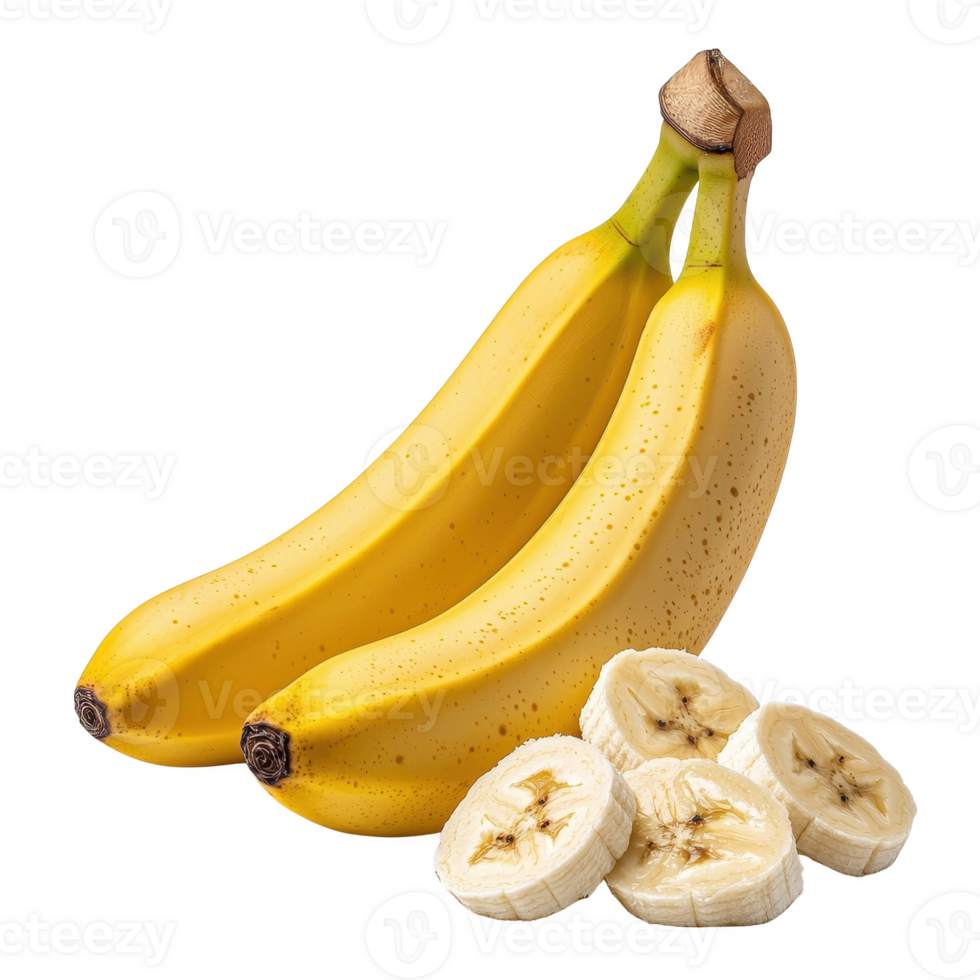 Fresh bananas whole and sliced, showcasing vibrant yellow color and natural texture. png