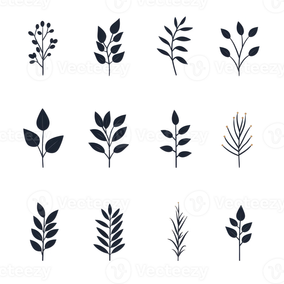 A collection of various leaf designs in a dark color scheme, suitable for graphic use and botanical themes. png