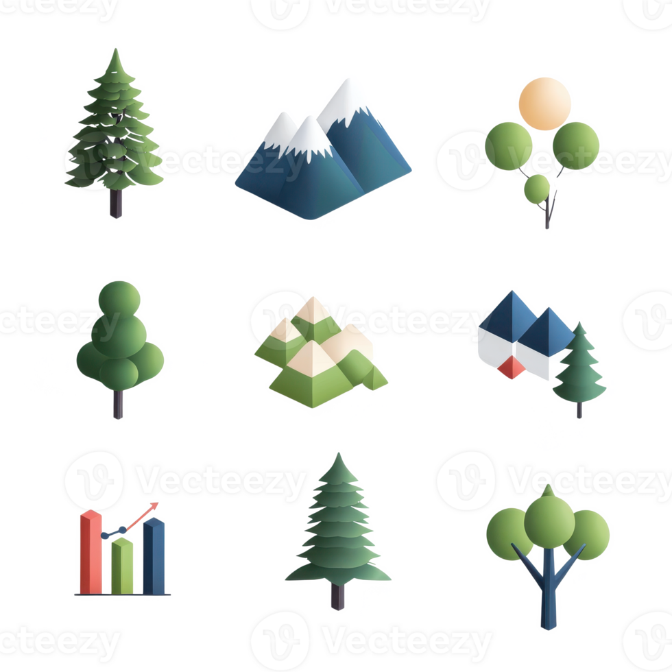 A collection of stylized trees and mountains showcasing nature in a vibrant and artistic design. png