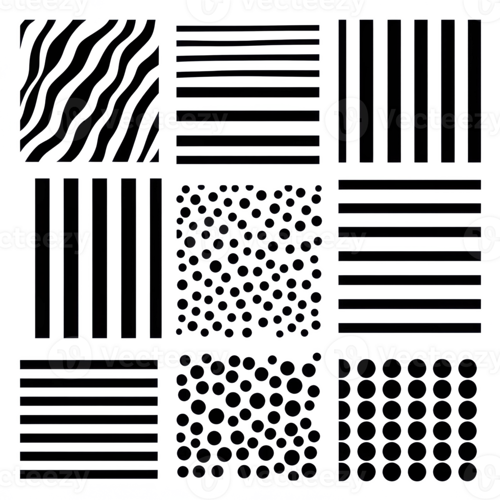 A collection of various black and white patterns featuring lines, dots, and waves on a grid layout. png