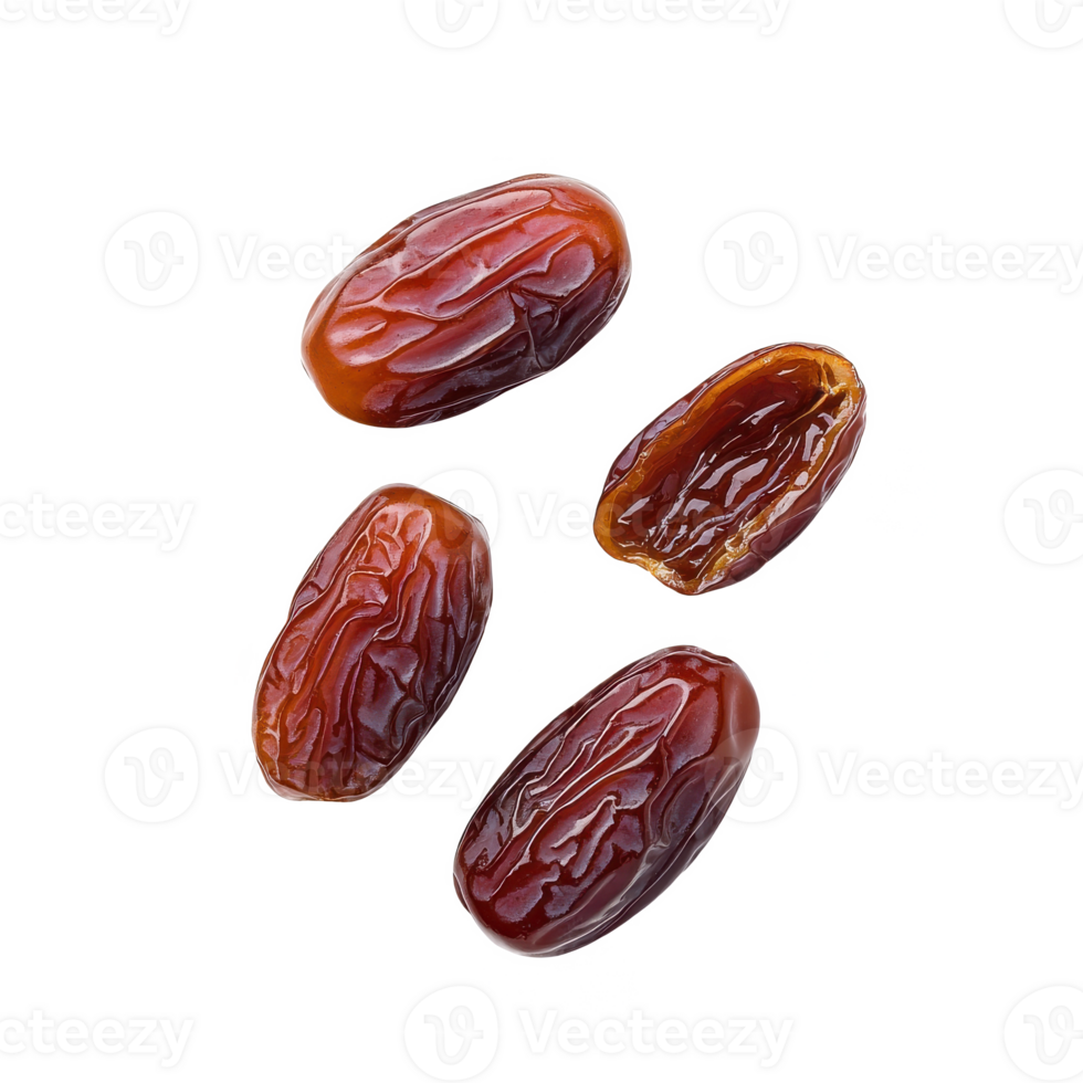 A close-up of fresh dates on a white isolated background, highlighting their rich texture and natural sweetness. png