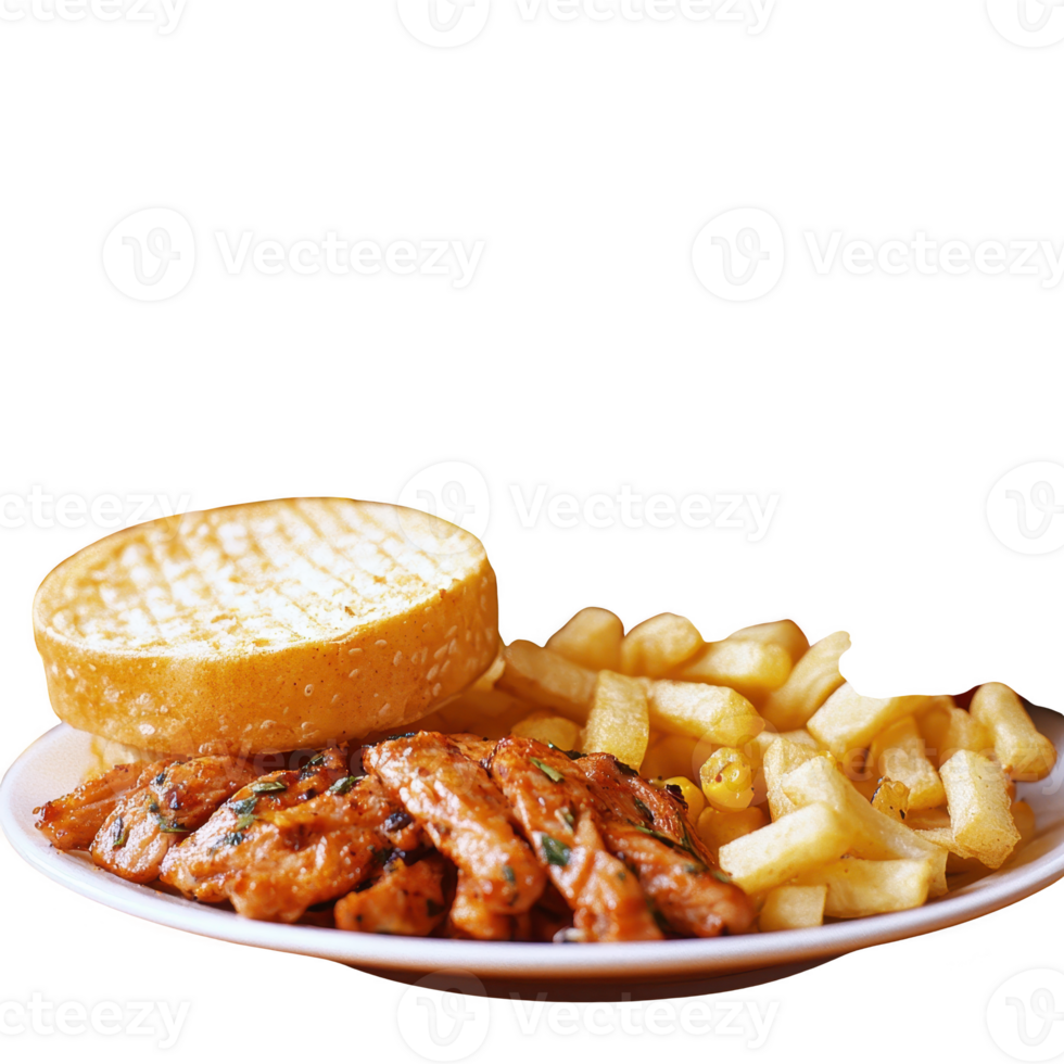 Delicious grilled chicken served with fries and a toasted bun on a white plate. png