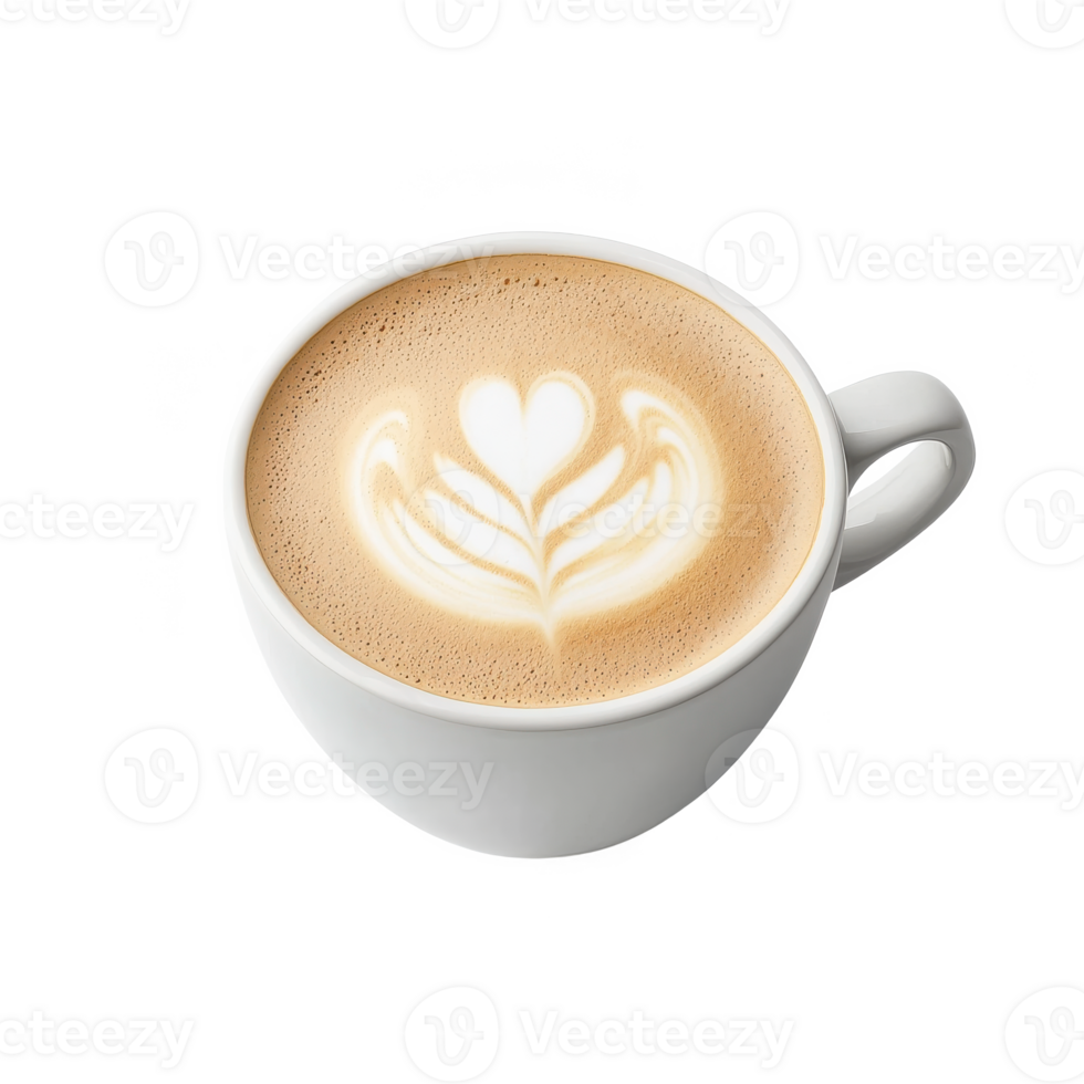 A close-up of a coffee cup with latte art, showcasing intricate designs with creamy texture on a white isolated background. png