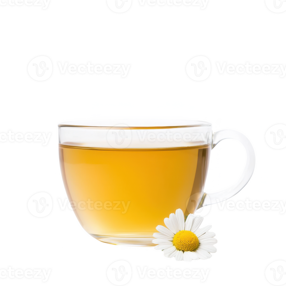 A clear glass cup filled with chamomile tea, accompanied by a fresh daisy flower. png