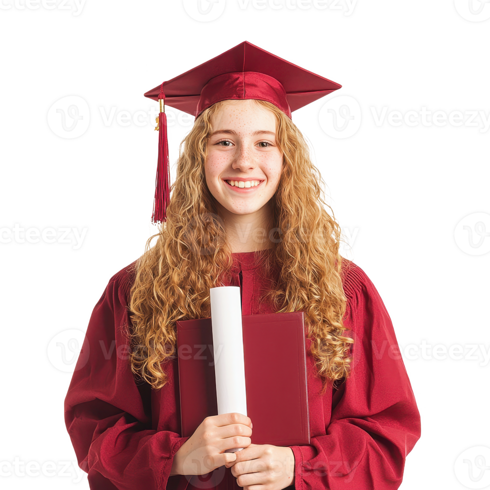 Happy graduate in red cap and gown holding diploma and book, celebrating achievement. png
