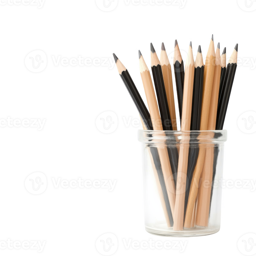 A clear glass jar filled with colored pencils arranged neatly, showcasing creativity and art supplies on a white background. png