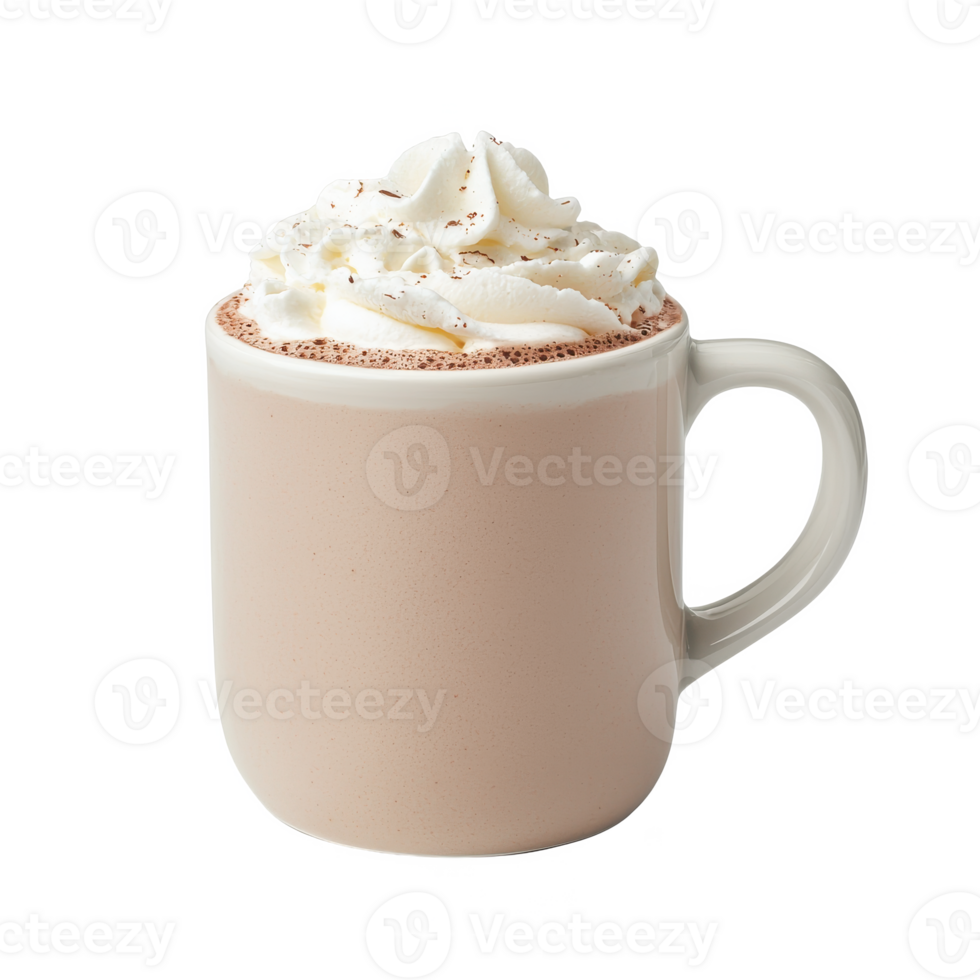 A cozy cup of hot chocolate topped with whipped cream, perfect for warming up on a cold day. png