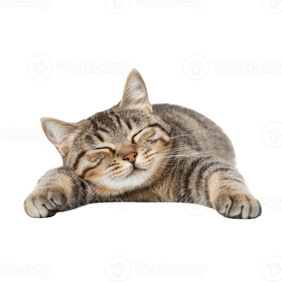 A content tabby cat sleeping peacefully, showcasing its adorable features on a white isolated background. png