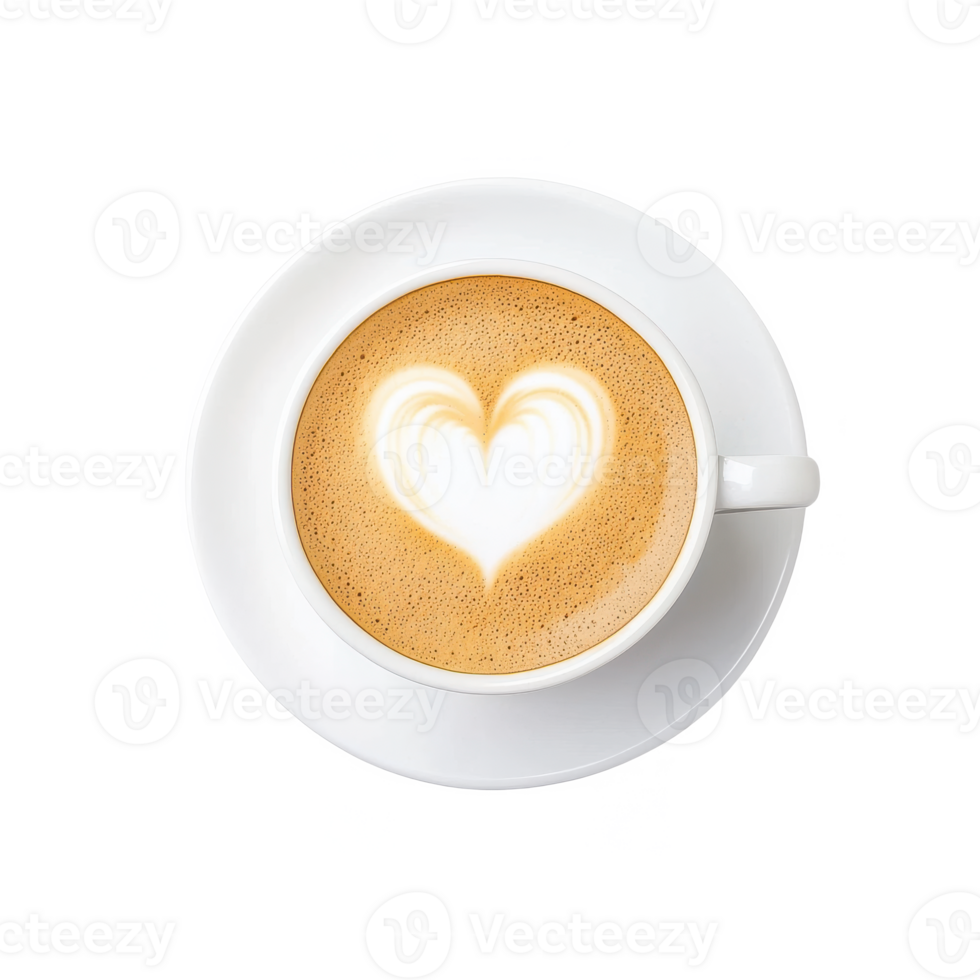 A cup of latte coffee with a heart-shaped foam design on a saucer, isolated on a white background. png
