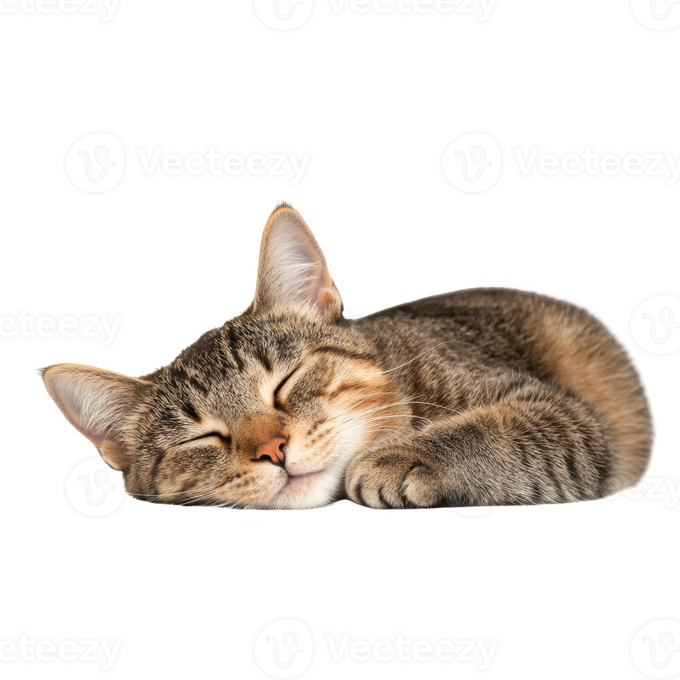 A cute, sleeping tabby cat, peacefully curled up, showcasing its adorable features and soft fur. png