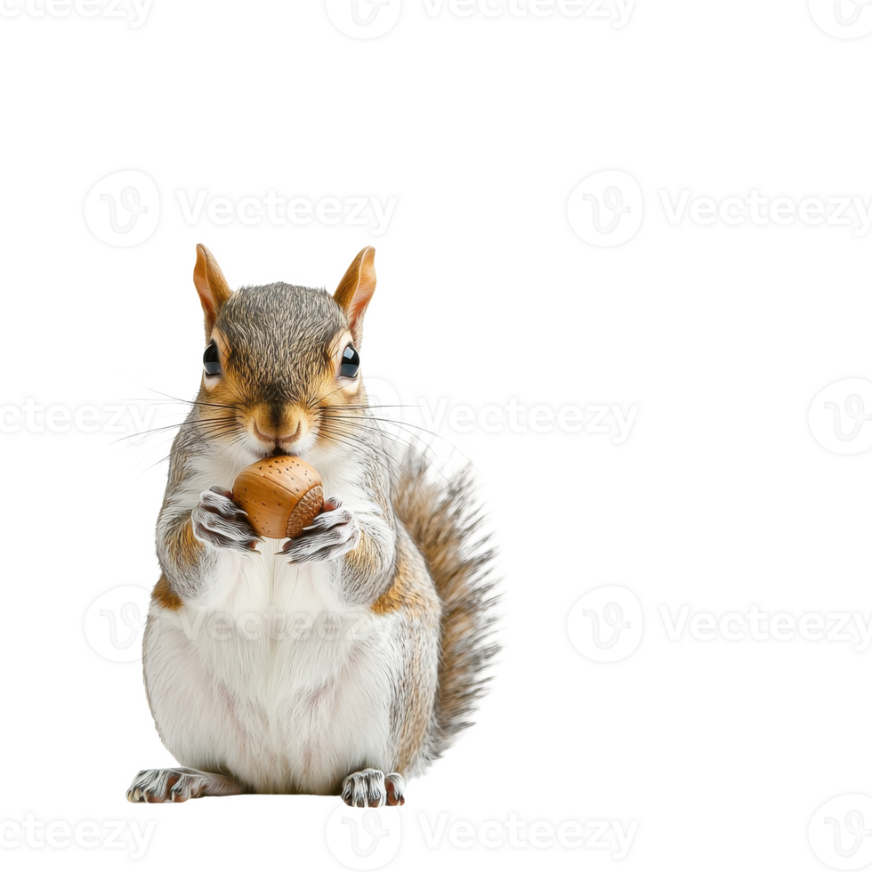 A cute squirrel holding an acorn, showcasing its furry body and lively expression on a white isolated background. png