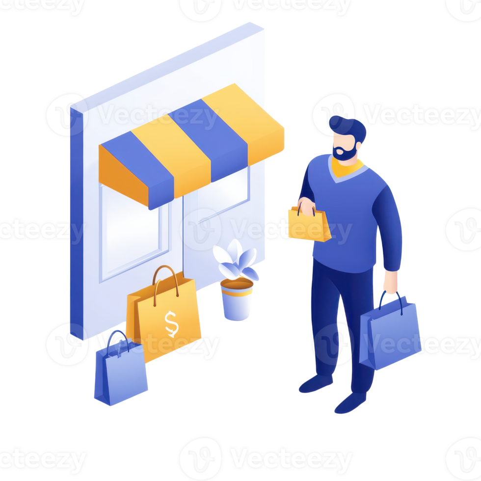 A modern shopper carrying bags stands in front of a shop with a colorful awning, representing consumerism and retail. png