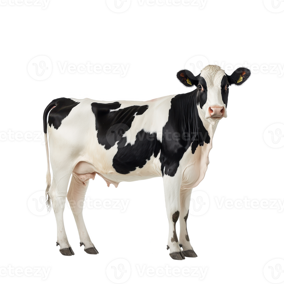 A standing cow with a distinctive black and white coat against a white isolated background. png