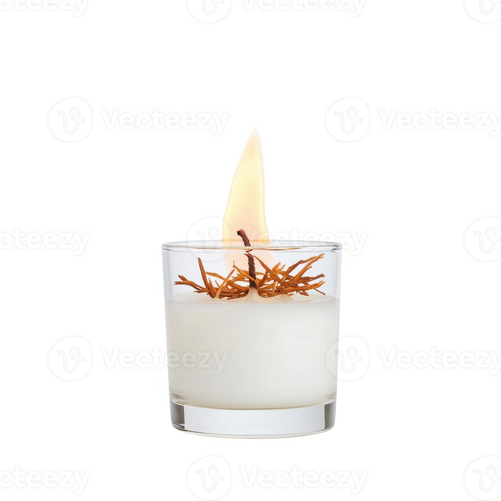 A lit candle in a glass holder, exuding warmth and tranquility, perfect for creating a serene ambience. png
