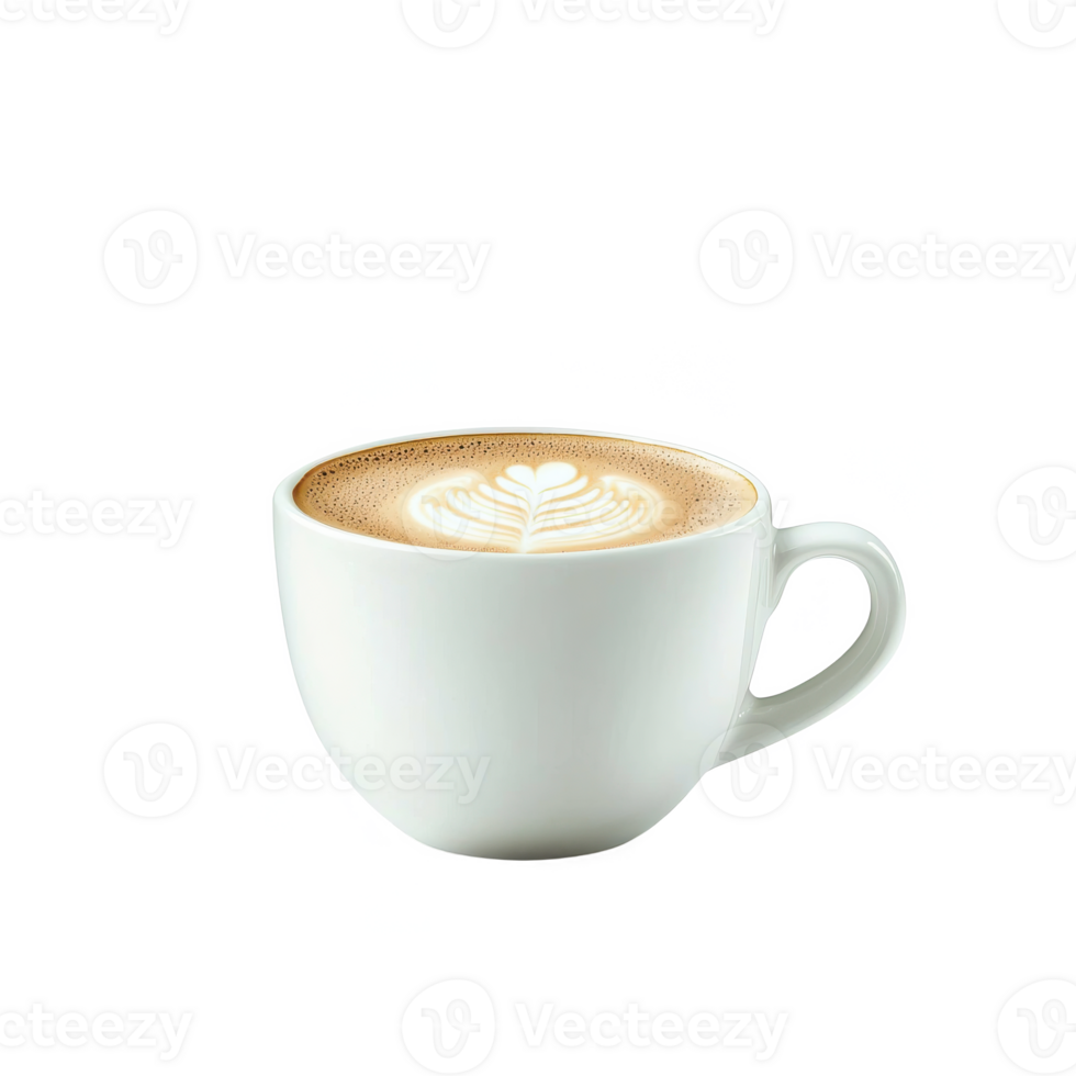 A latte art design on a creamy coffee in a white cup, isolated on a white background for a clean and professional look. png