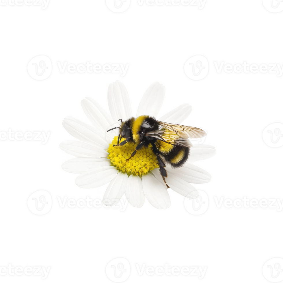 A bumblebee resting on a beautiful daisy flower, showcasing nature's vibrant colors and delicate details. png
