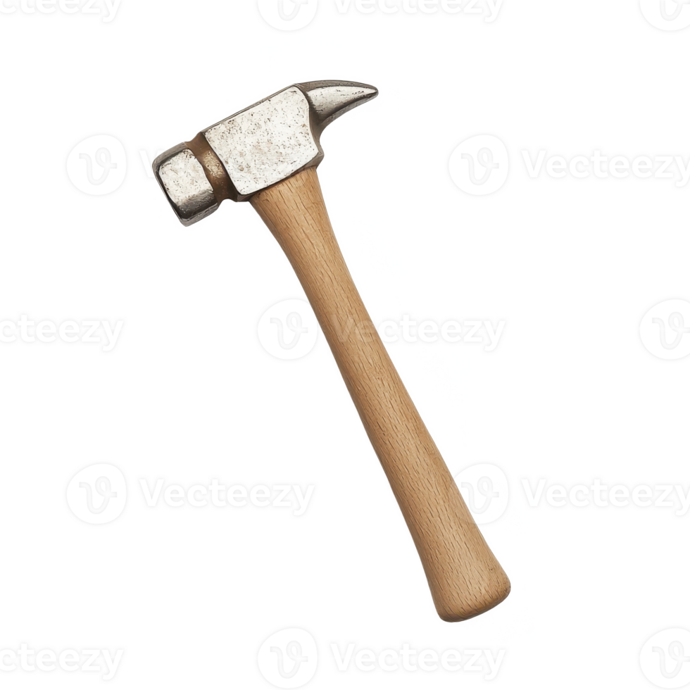 A hammer with a wooden handle, isolated on a white background, perfect for construction or DIY projects. png