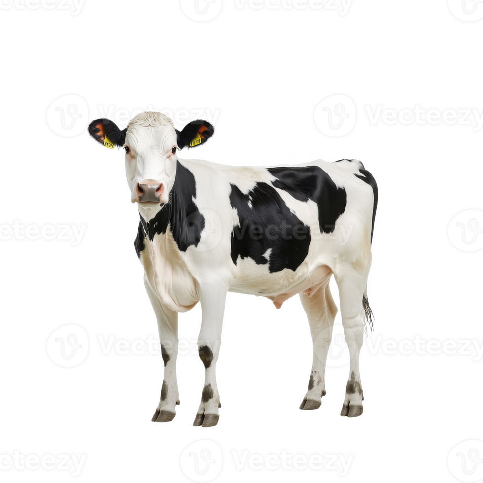 A black-and-white dairy cow standing on a white isolated background, showcasing its gentle and curious nature. png