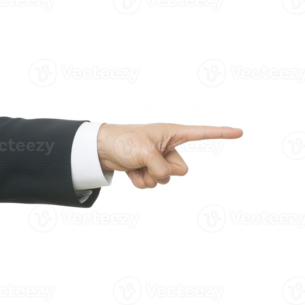 A businessman gestures with a pointed finger, expressing direction or emphasis on an important point, isolated on white background. png