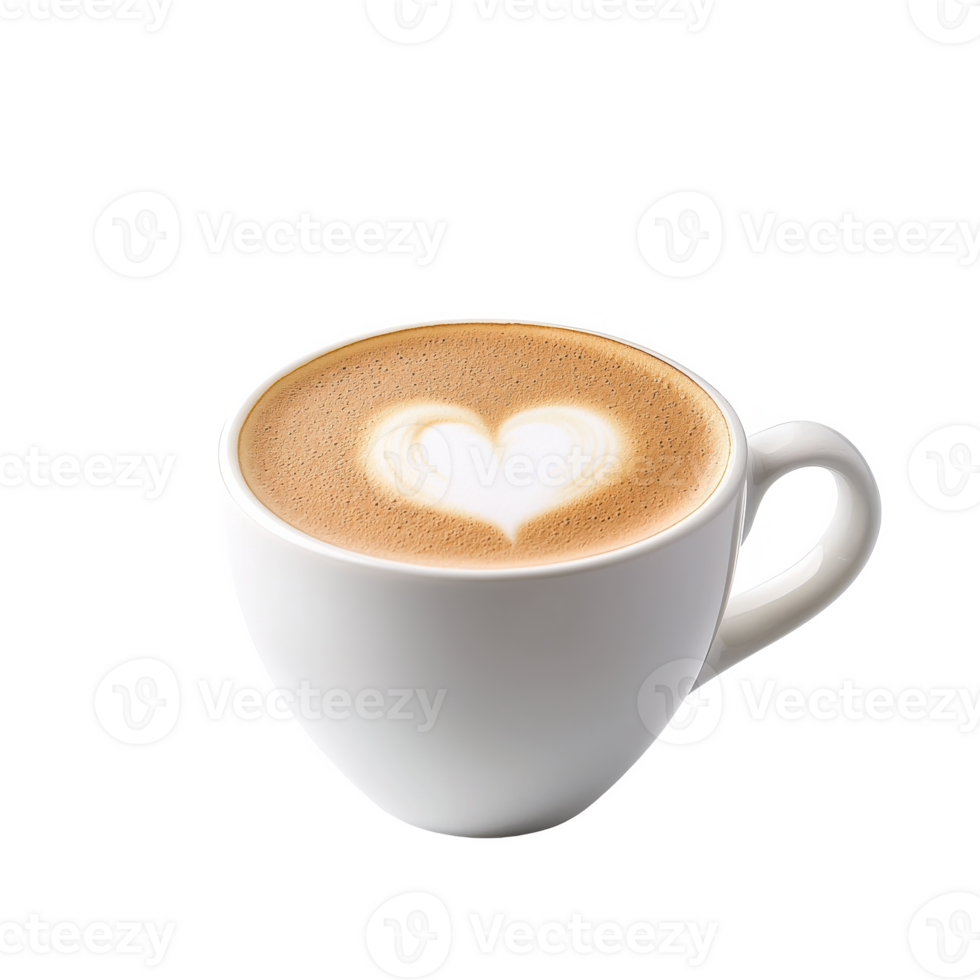 A beautifully crafted latte with a heart-shaped foam design in a white cup, perfect for coffee lovers. png