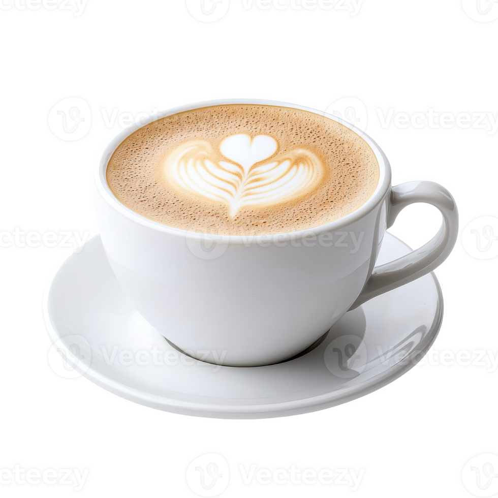 A delicious cup of latte with a heart-shaped foam art on a white background. png