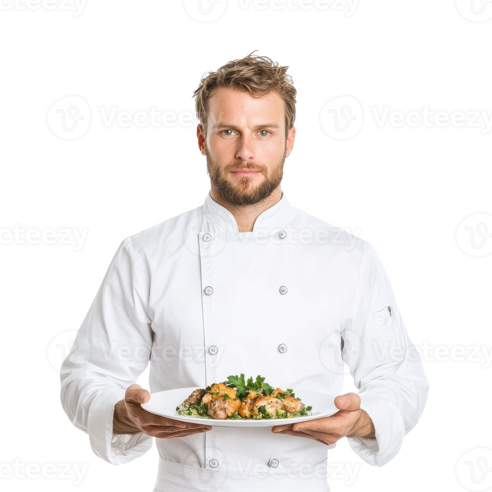 A professional chef presenting a delicious dish on a white plate, wearing a traditional chef uniform, isolated on a white background. png