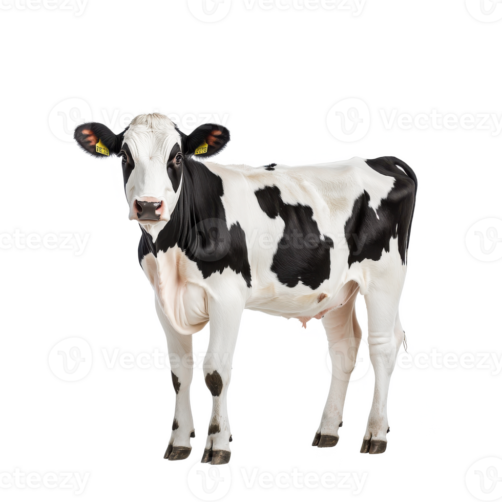 A healthy black and white calf standing isolated on a white background, showcasing its features and character. png