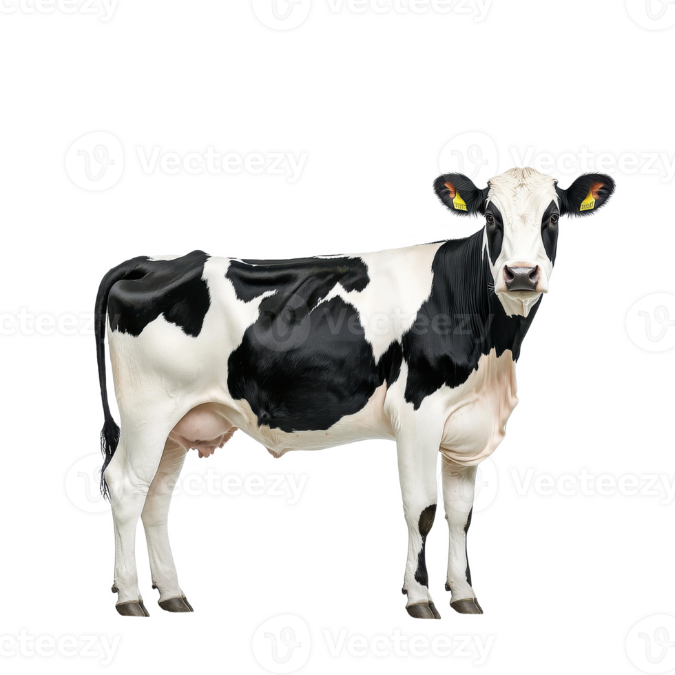 A cute black and white cow standing prominently against a white isolated background. png
