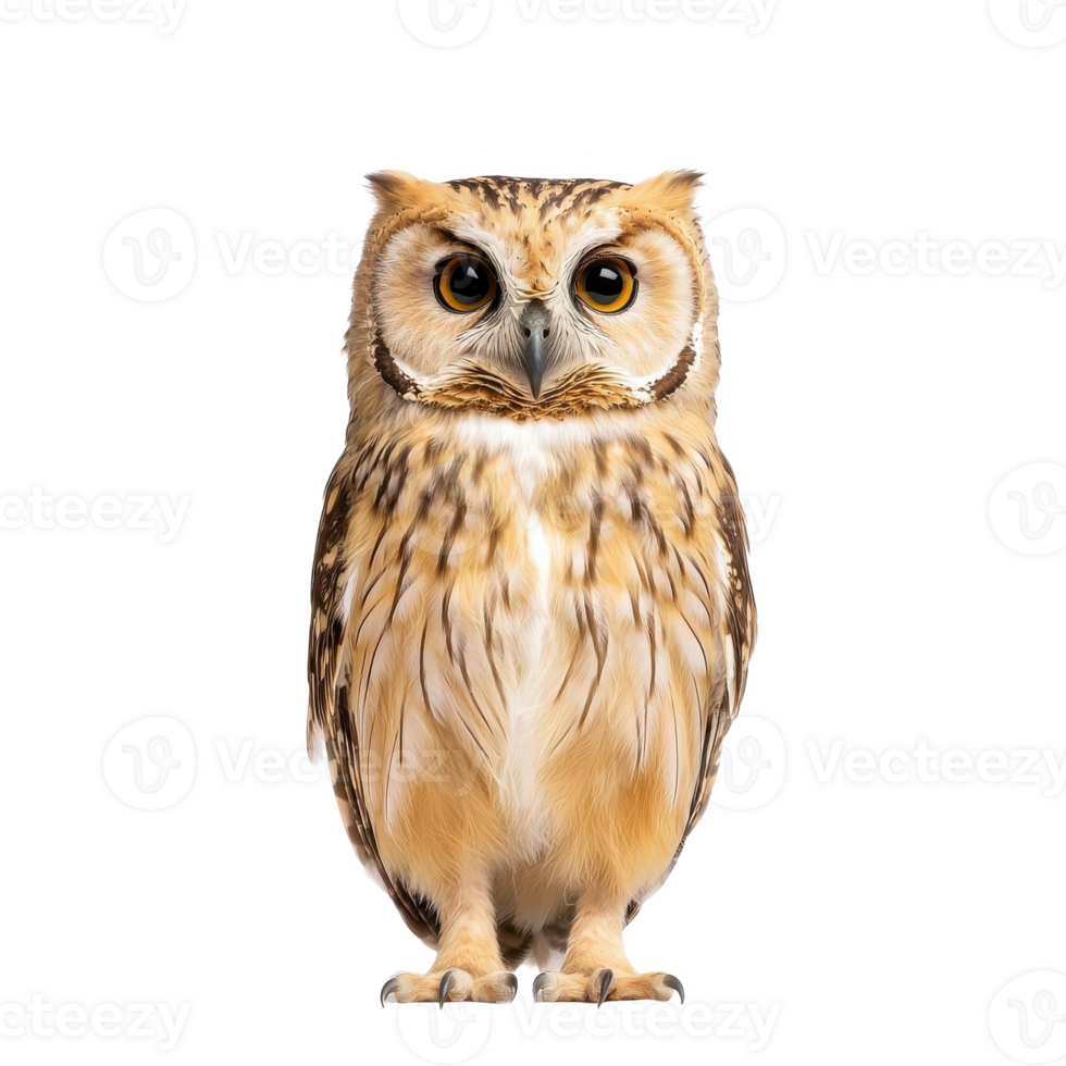 A majestic owl with striking eyes and intricate feathers, standing proud against a white isolated background. png