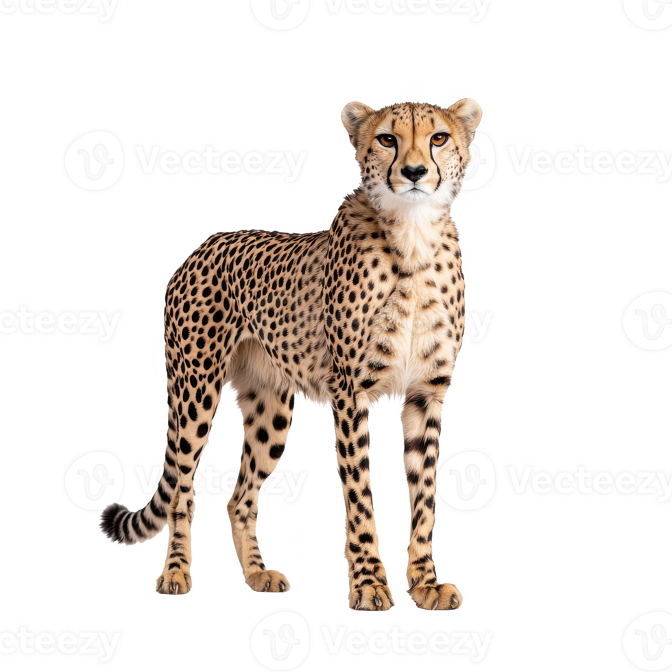 A majestic cheetah stands gracefully against a white background, showcasing its unique spots and strong physique. png
