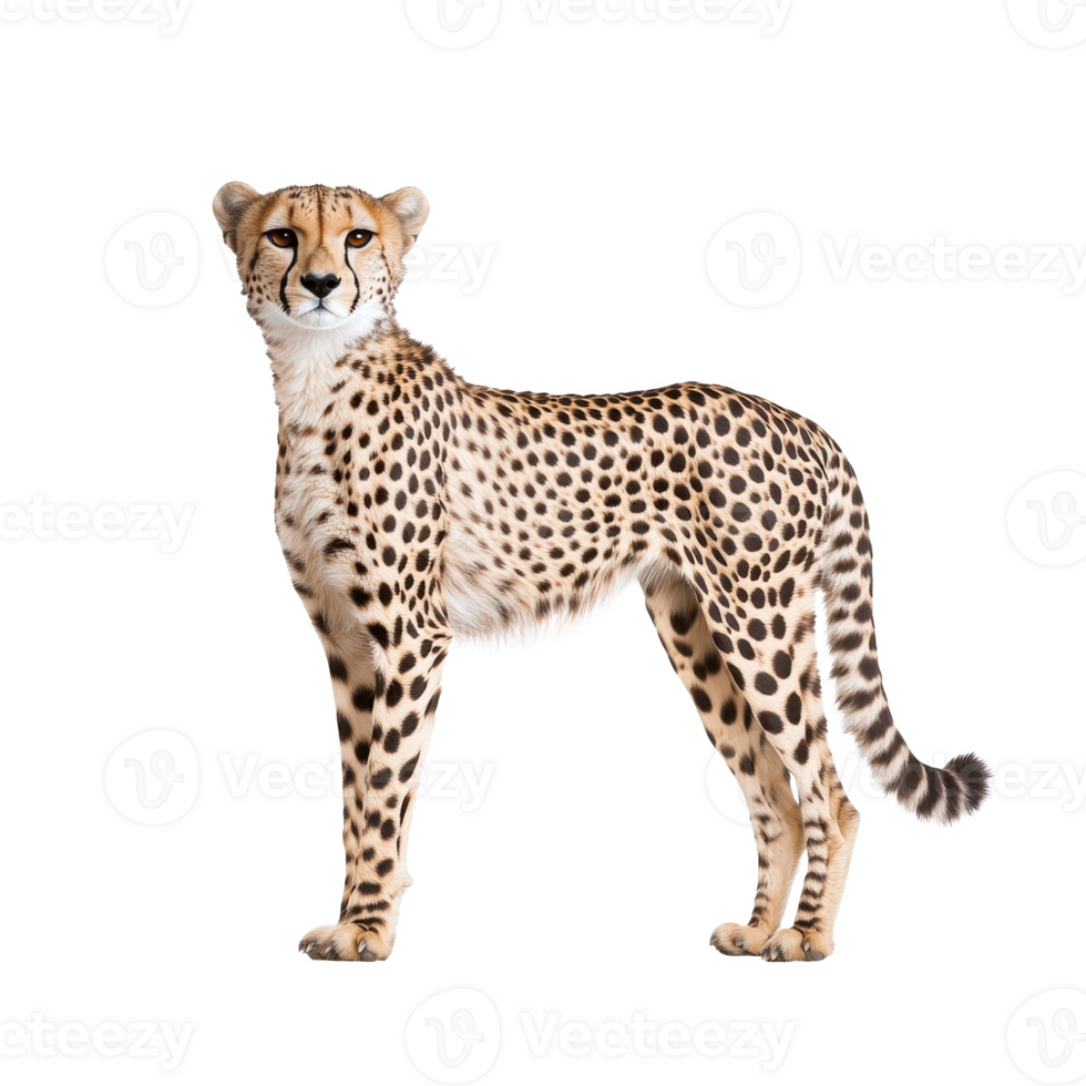 A graceful cheetah stands elegantly, showcasing its distinctive spots and slender body against a white isolated background. png