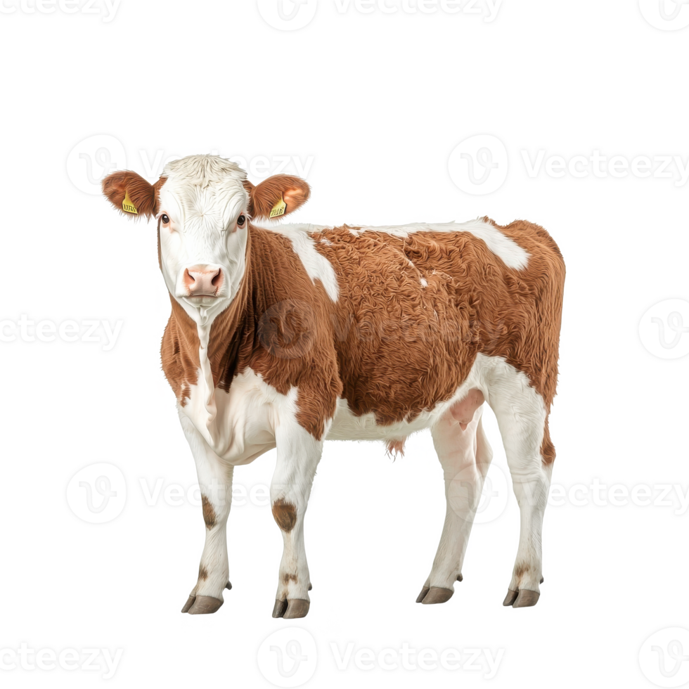 A brown and white calf standing gracefully on a white isolated background. png