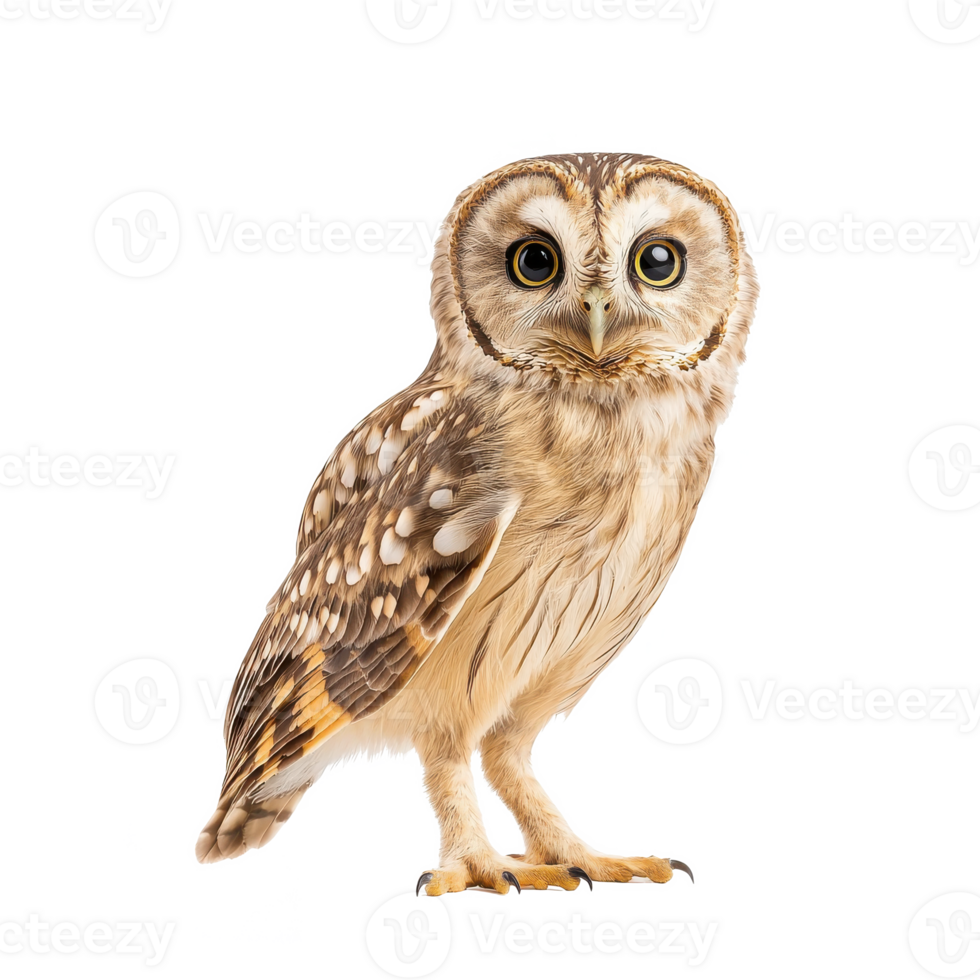 A cute, alert owl standing on its feet, showcasing intricate feather patterns and large, expressive eyes. png