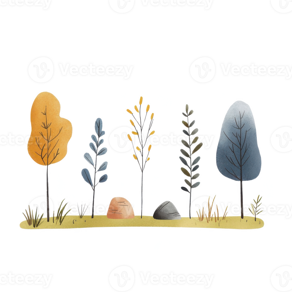 A vibrant illustration of diverse trees with colorful leaves set against a simple background. png