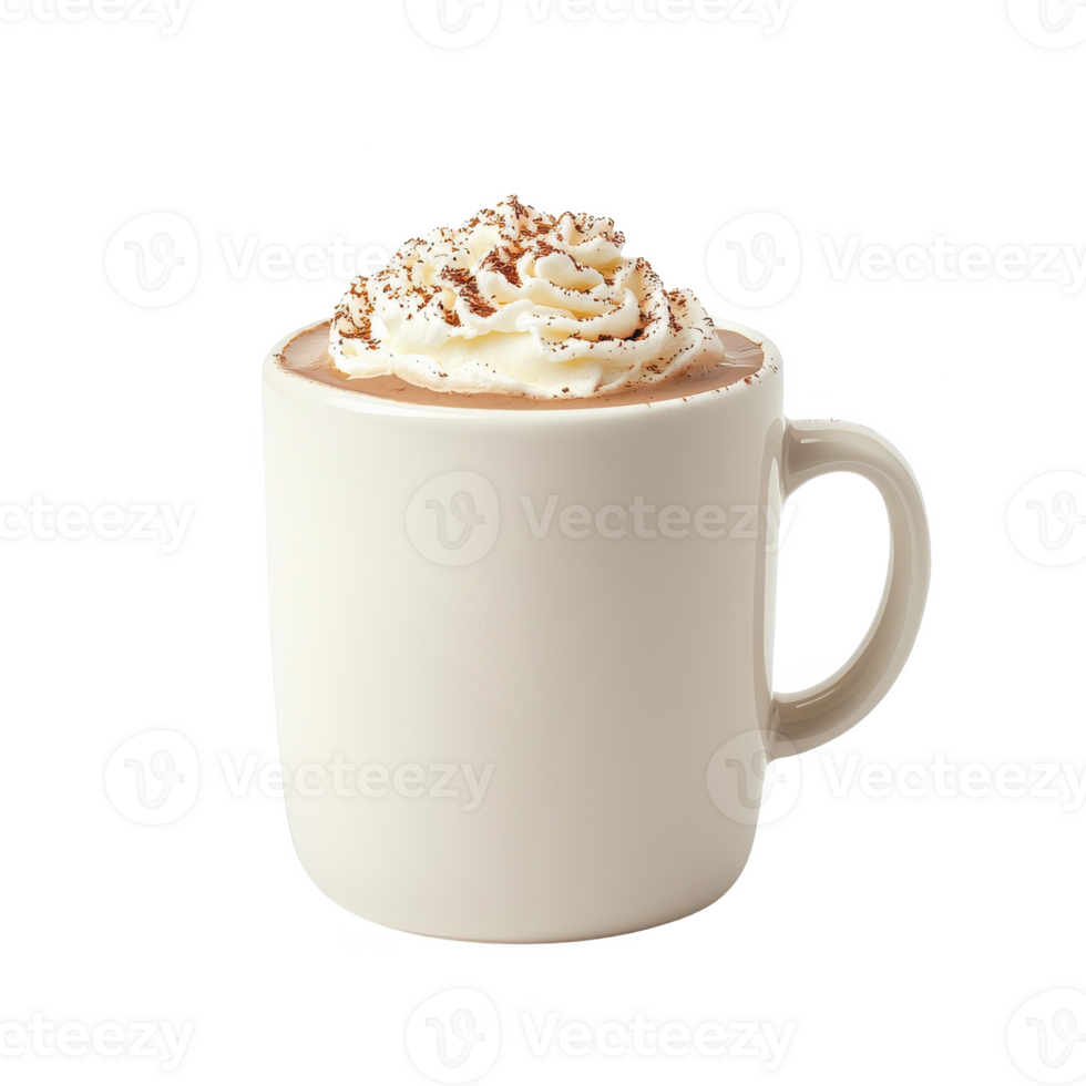 A warm cup of hot chocolate topped with whipped cream and chocolate shavings, set against a white isolated background. png