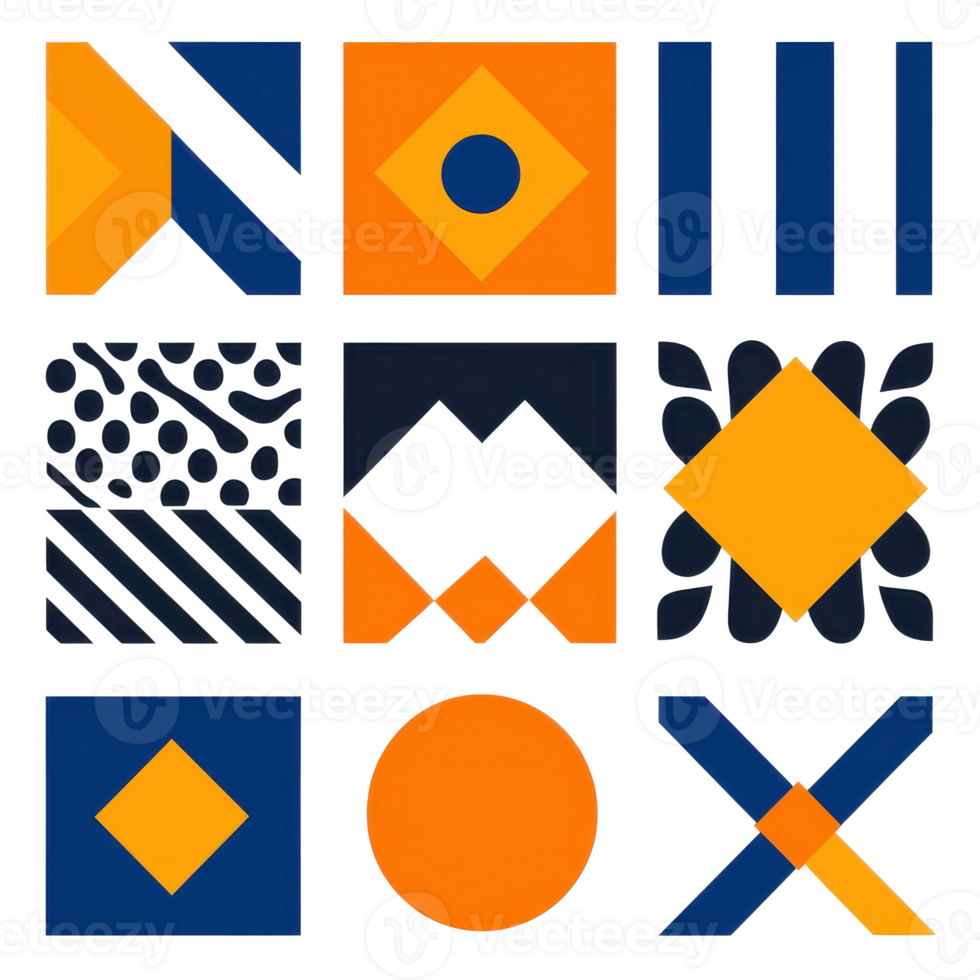 Colorful geometric shapes arranged in a grid, ideal for web design and creative projects, on a white isolate background. png