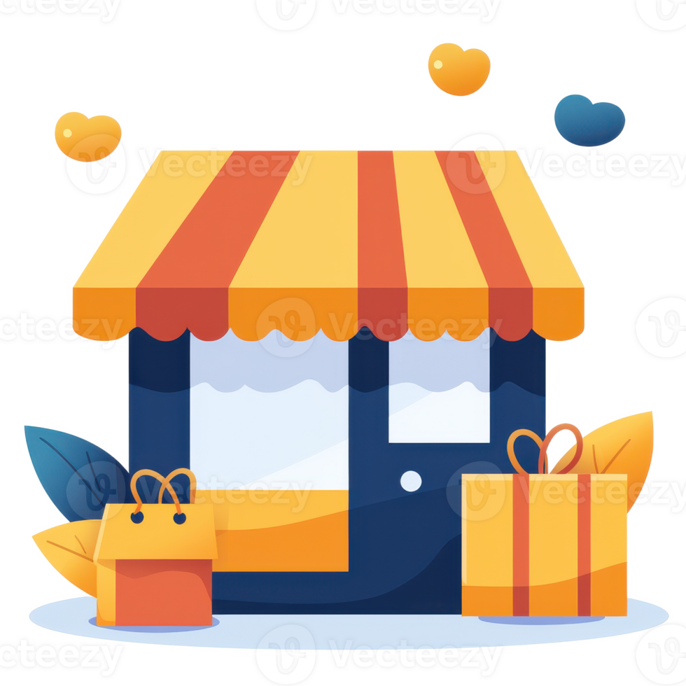 Colorful shop front illustration with gifts and vibrant foliage, ideal for retail and small business themes. png