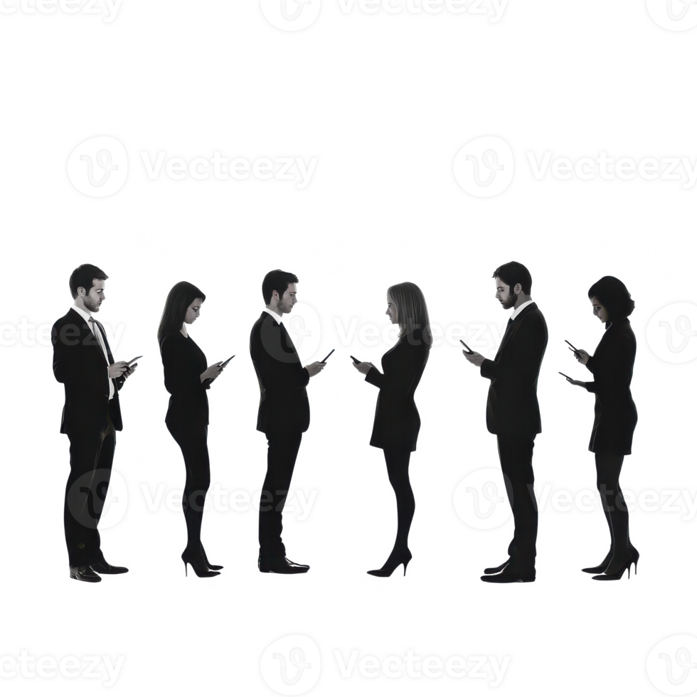 Business people standing in a line, looking at their smartphones, isolated on a white background. png
