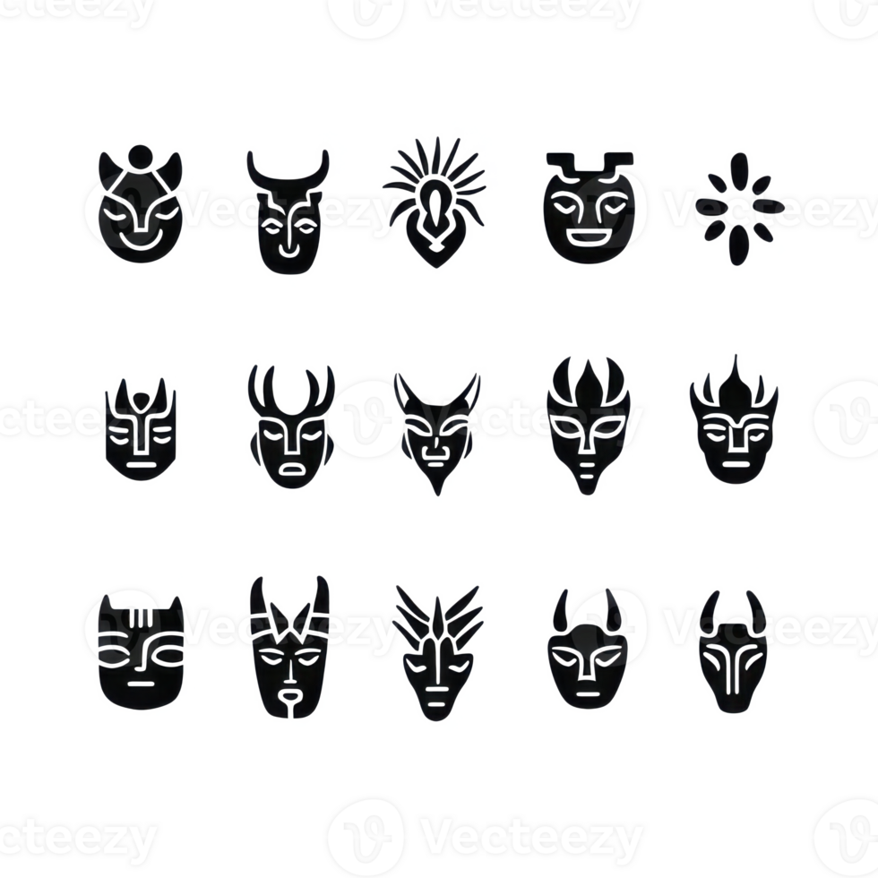Collection of diverse tribal masks in black outline on a white isolate background. png
