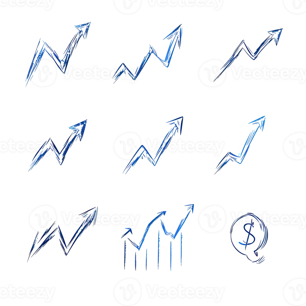 Collection of blue upward arrows illustrating growth, progress, and success on a white isolated background. png