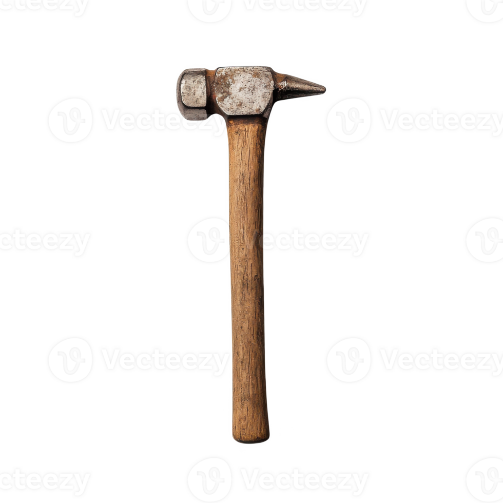 A weathered hammer with a wooden handle, isolated on a white background, perfect for construction and tool-related projects. png