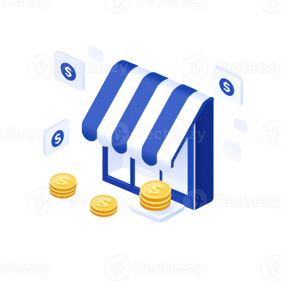 Abstract illustration of a retail store with coins and currency, representing commerce and financial transactions. png