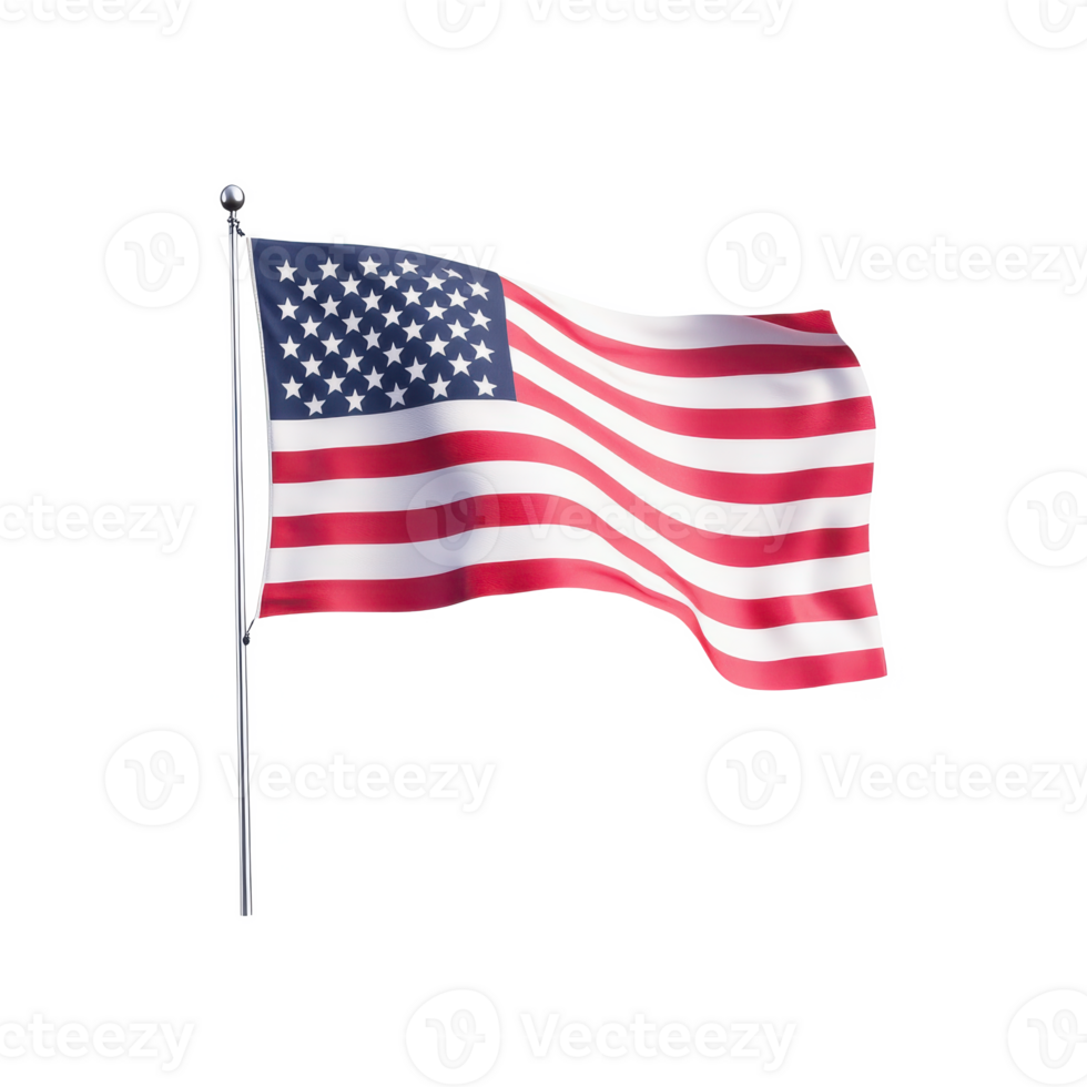 American flag waving gently in the wind, white isolated background. png