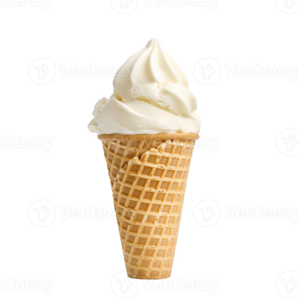 Classic vanilla ice cream served in a crisp waffle cone, perfect for hot summer days. png
