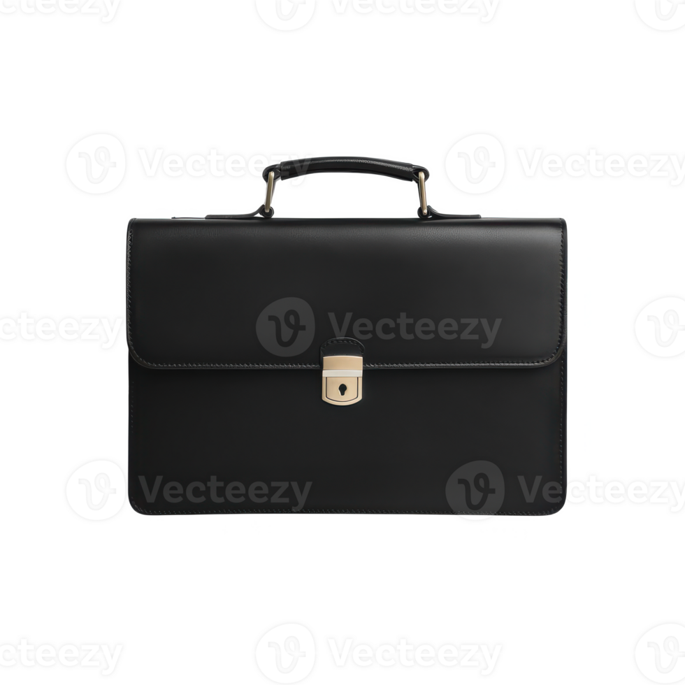 Black leather briefcase with a metallic clasp on a white isolated background. png