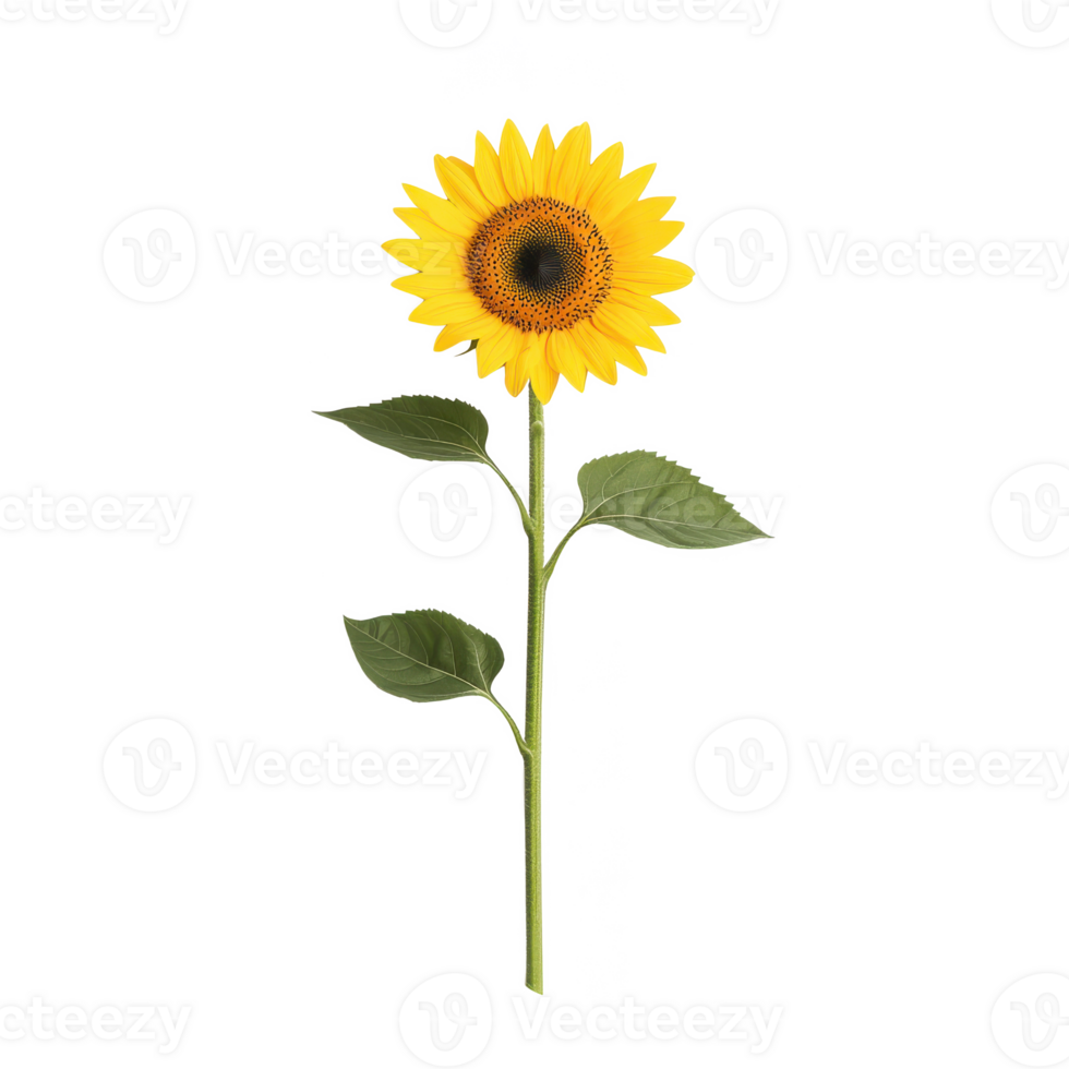 Bright sunflower with vibrant yellow petals and green leaves, isolated on a white background. png