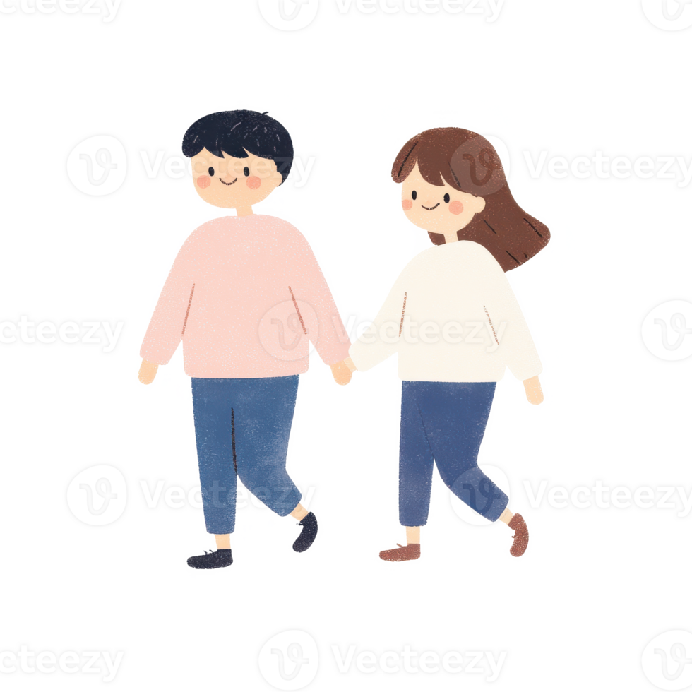 A young couple walking hand in hand, expressing love and companionship with a cheerful demeanor. png
