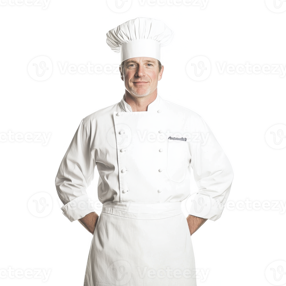 Chef in a white uniform and hat, posing confidently with hands on hips, isolated on a white background. png