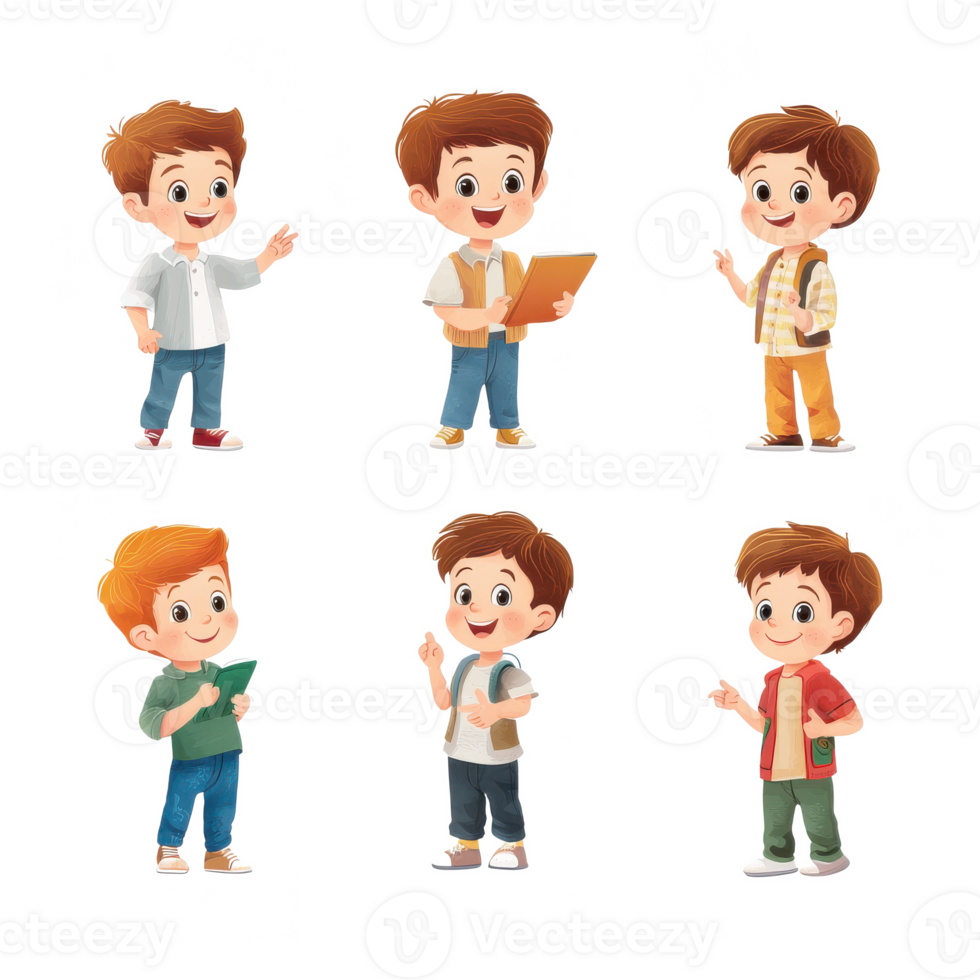 Cartoon boys with diverse expressions and clothing, showcasing various activities and emotions on a white background. png