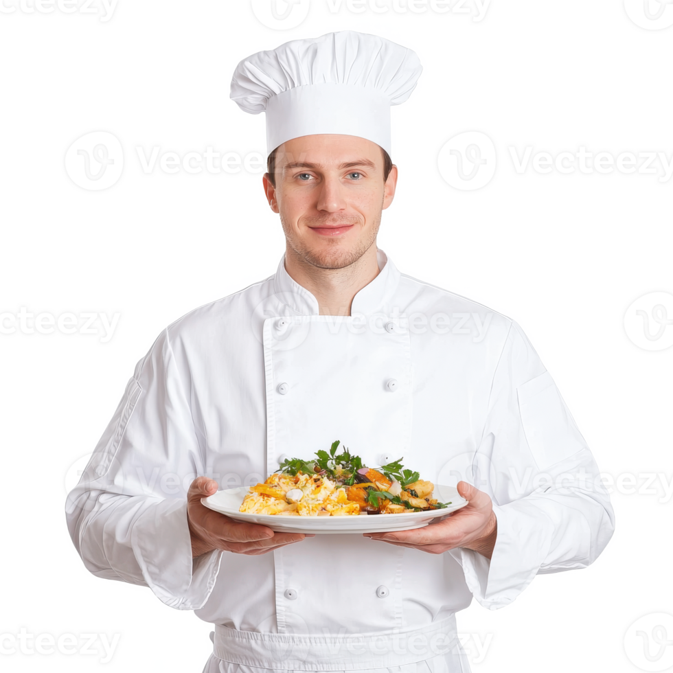 Chef presenting a delectable dish, wearing a traditional white uniform and hat on a white isolated background. png